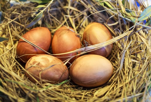 Close up of eggs inside the easter basket