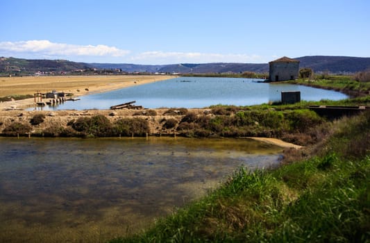View of Salt evaporation ponds in Secovlje, Slovenia