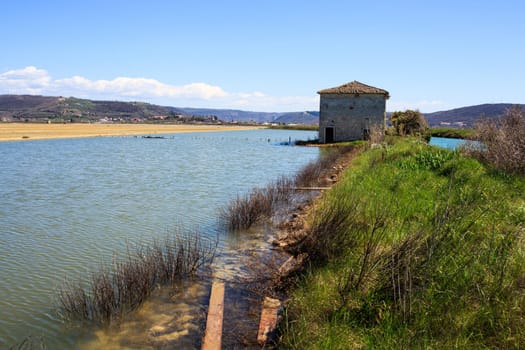 View of Salt evaporation ponds in Secovlje, Slovenia