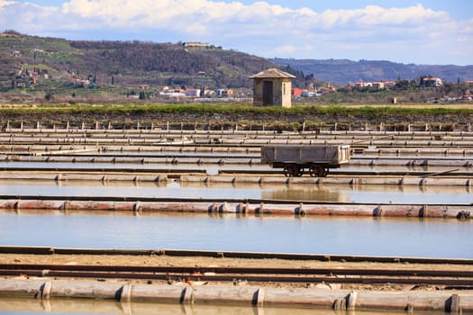 View of Salt evaporation ponds in Secovlje, Slovenia