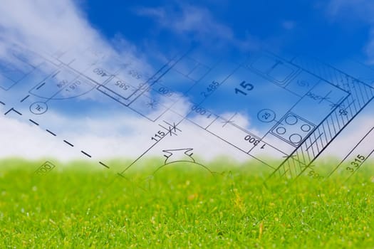 Background with blue sky, green land and blueprint of a house interior.