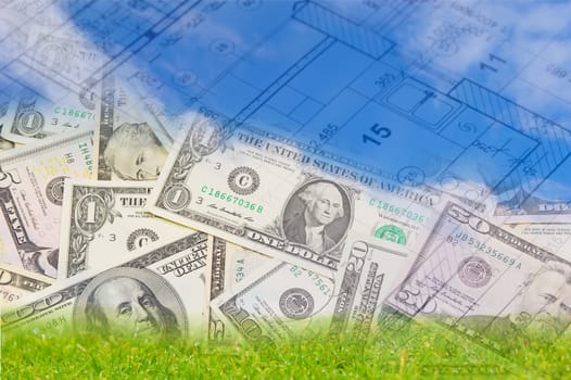 Background with blue sky, green land, blueprint of a house interior and US dollars