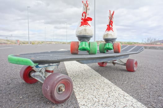 Hdr Picture of Old Vintage White Skate Boot on the Asphalt Sterret