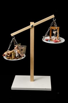Time is Money Concept Clock and Currency on a Two Pan Balance