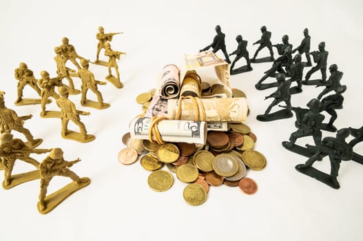 Plastic Lead Soldiers Representing War on a White Background