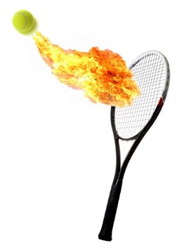 Tennis racket and ball with a trail of flames