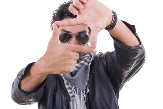 adult man in a leather jacket with sunglasses zooming with his hands