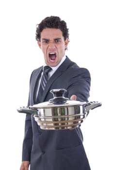 adult man yelling and looking at pot for cooking with expression