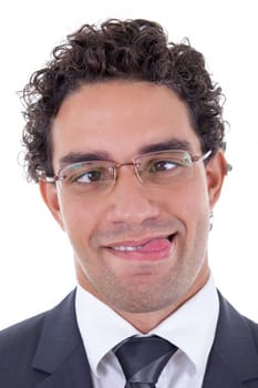 crazy young businessman with glasses in suit