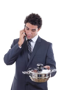 hungry adult man in suit seeks lunch via mobile phone