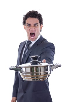man yelling while holding pot for cooking with expression