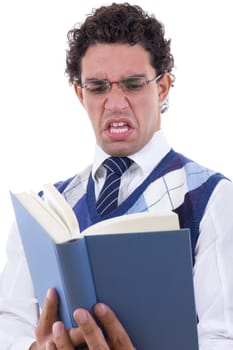 adult man with glasses disgusted by the book