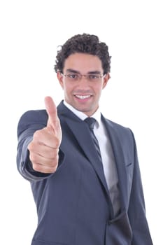 young male businessman in suit showing thumbs up