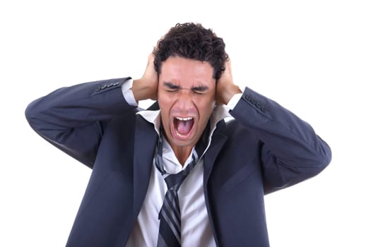 man in suit holding his head and screaming