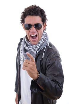 handsome man in a leather jacket with sunglasses yelling
