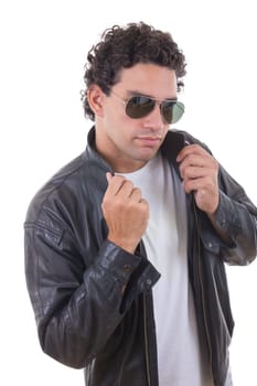hadsome man in a leather jacket with sunglasses