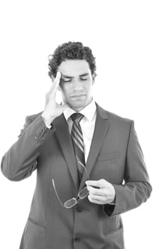good looking man in a suit with a headache