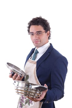 man in suit with an apron holding a cooking pot