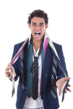 angry man with expression and with lot of ties around his neck