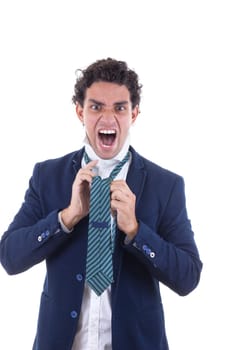 angry adult man in suit with expression tied tie