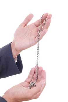 man hands holding silver necklace isolated on white background