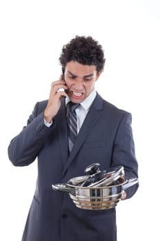 angry man in suit seeking lunch on mobile phone with expression