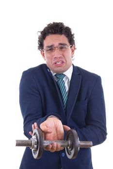 weak nerd man in business suit lifting a weight