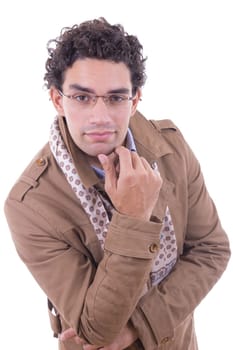 handsome smiling man with glasses in the brown coat