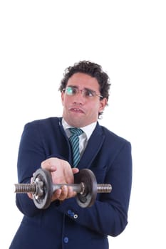 weak nerd man with expression in suit lifting a weight