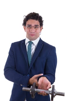 weak nerd man in suit lifting a weight