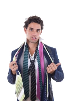 undecided man in suit with lot of ties around his neck