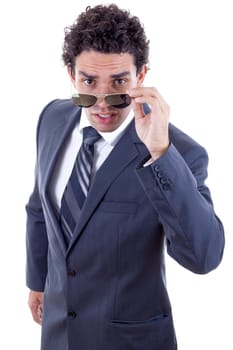 surprised businessman in suit with sunglasess