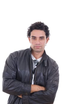 man in a leather jacket with sunglasses possing isolated on white background