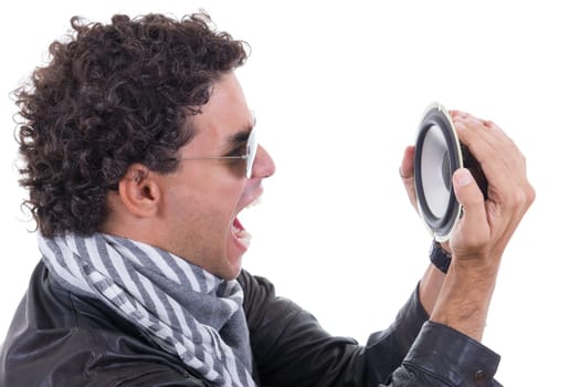 angry man in a leather jacket yelling to speaker