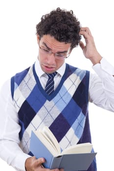 man in vest with glasses surprised by book