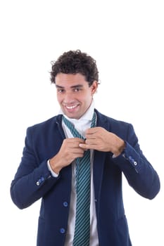 adult man in business suit tied tie with smile