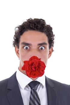 adult man with a rose in his mouth