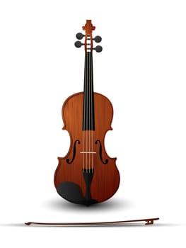 Violin and bow over white background