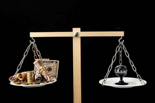 Money and Compass on a Two Pan Balance