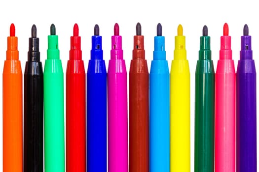 Multi colored felt tip pens isolated on white background