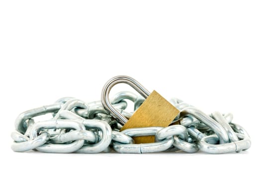 Metal chain and padlock  on white background