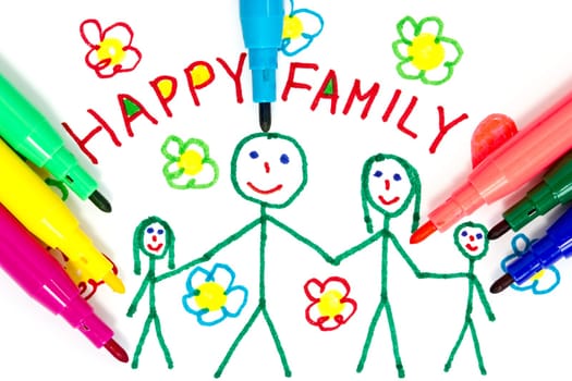 Felt tip pens and color drawing of happy family