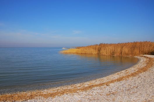 Beach with gravel on the shore of Lake Neusiedl