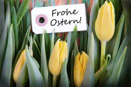 Easter Background with Label with the German Words Frohe Ostern which means Happy Easter