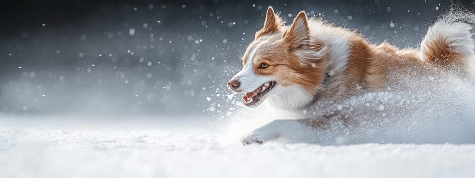 Siberian Husky jumping and running in the snow in a winter field, Generative AI, animals