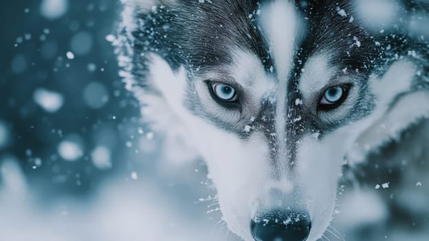 Siberian Husky jumping and running in the snow in a winter field, Generative AI, animals