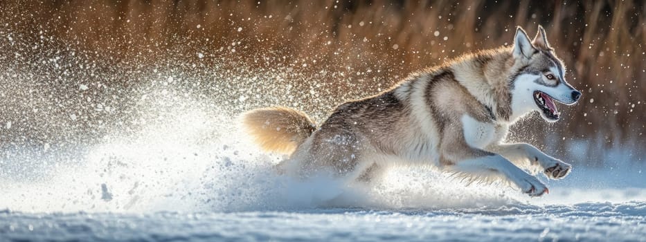 Siberian Husky jumping and running in the snow in a winter field, Generative AI, animals