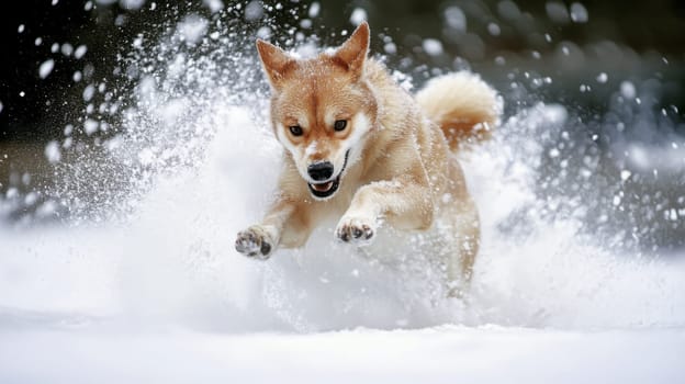 Siberian Husky jumping and running in the snow in a winter field, Generative AI, animals