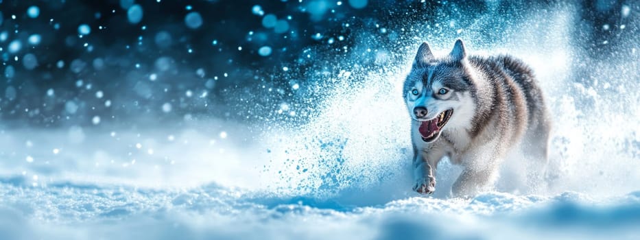 Siberian Husky jumping and running in the snow in a winter field, Generative AI, animals