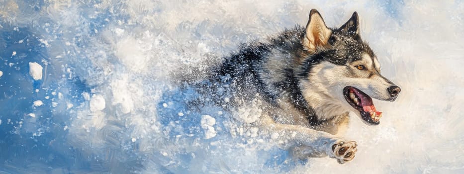 Siberian Husky jumping and running in the snow in a winter field, Generative AI, animals